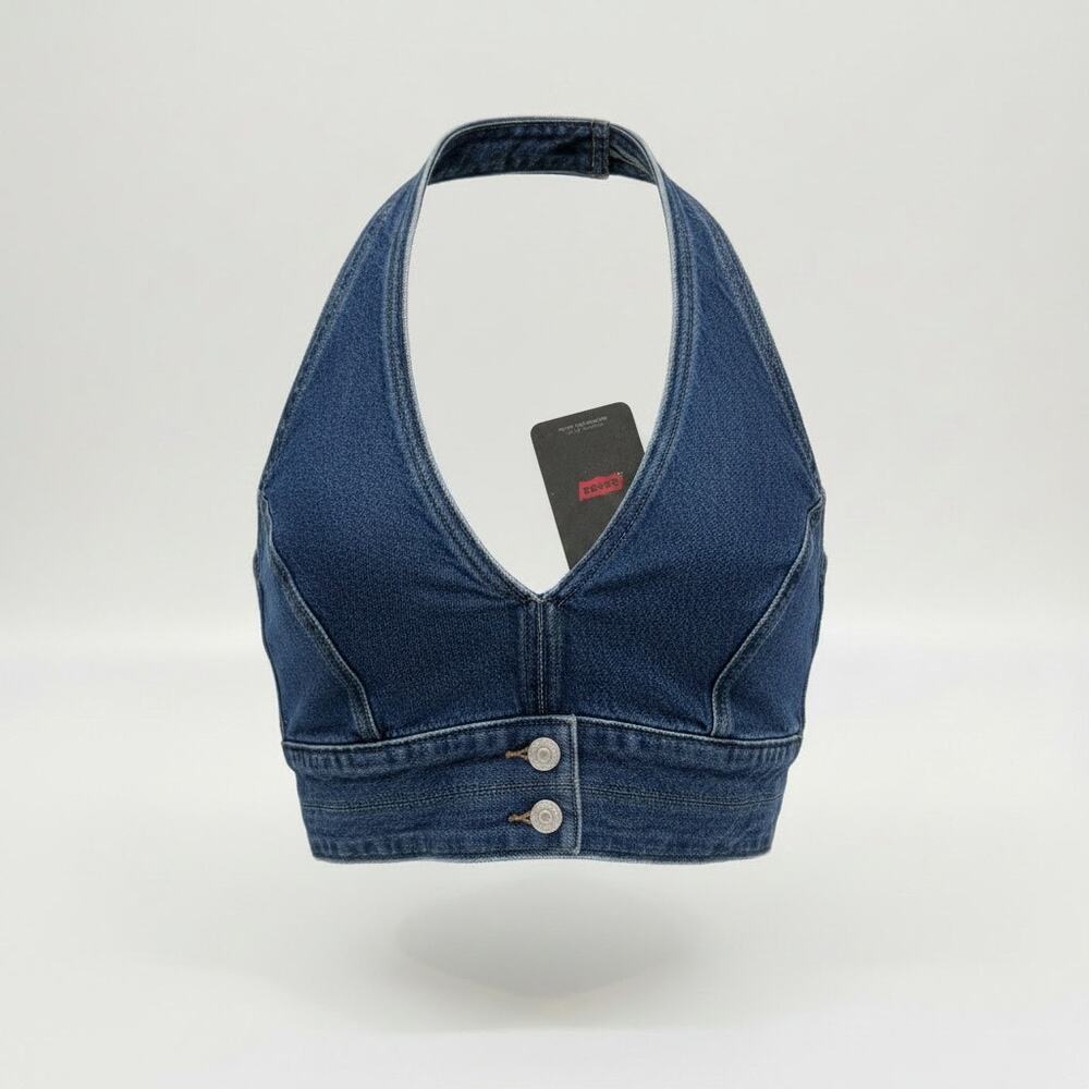 NEW Levi's Denim Halter Cropped Tank Top Crop Top Large Western Country Concert - Picture 1 of 5